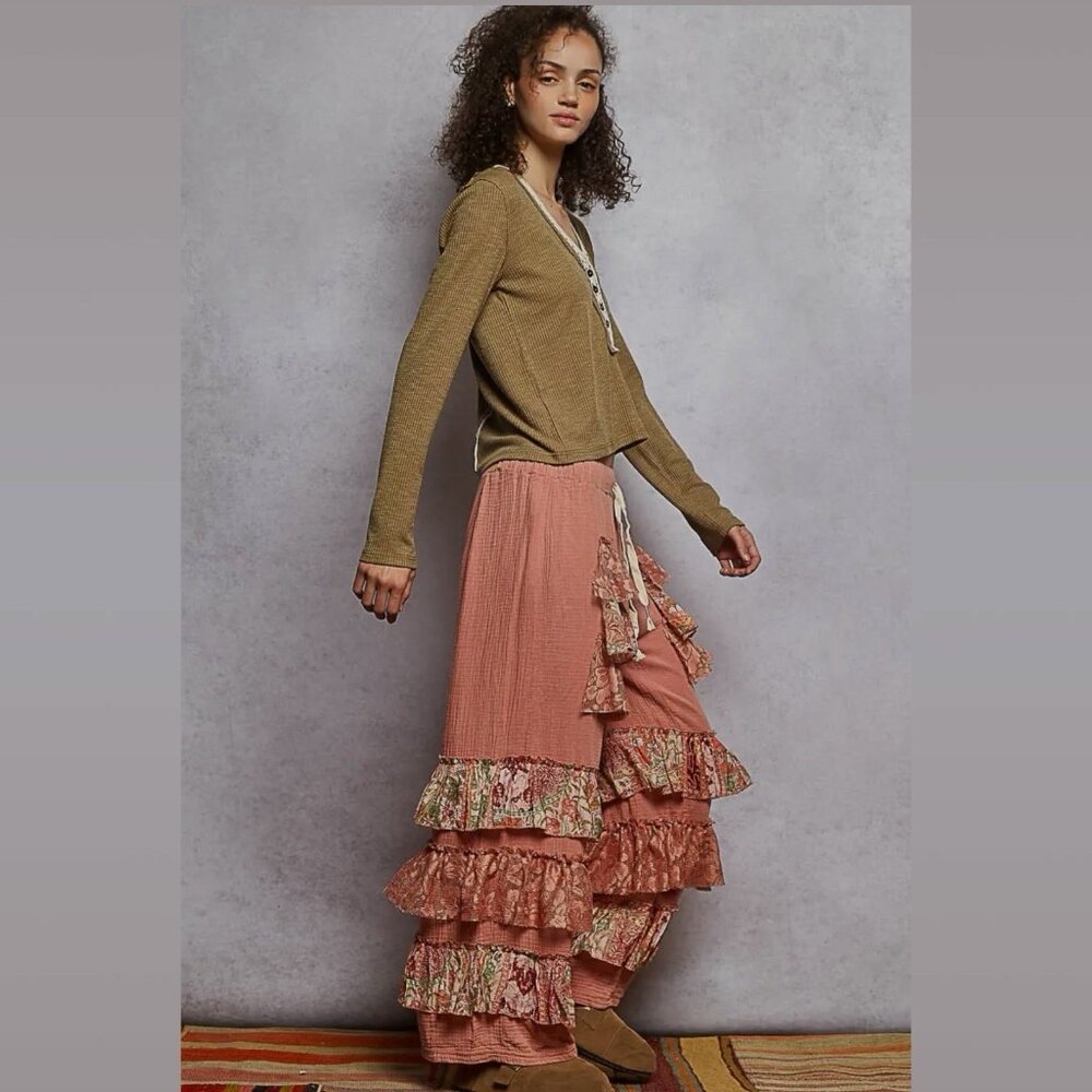 POL Flowy Wide Leg Palazzo Ruffle Salmon Pink Pants Boho Western Size L Gauze - Picture 5 of 11